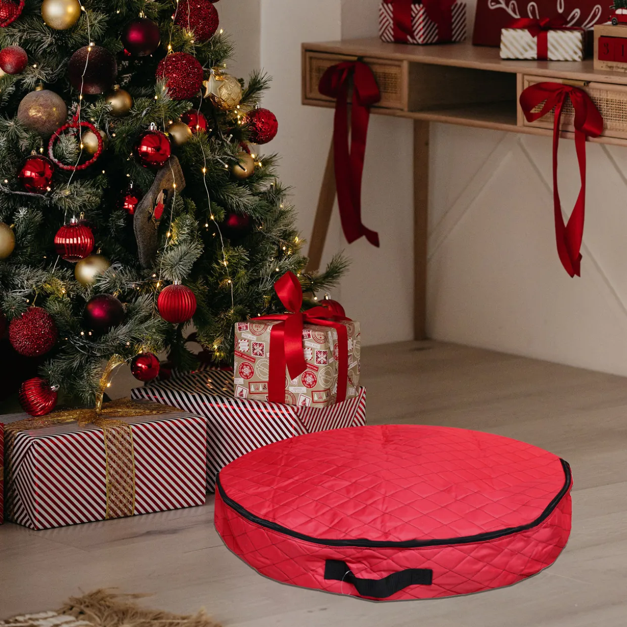 36” Red Premium Quilted Christmas Wreath Storage Bag