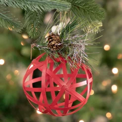 5" Red Rattan Style Metal Christmas Ball Ornament