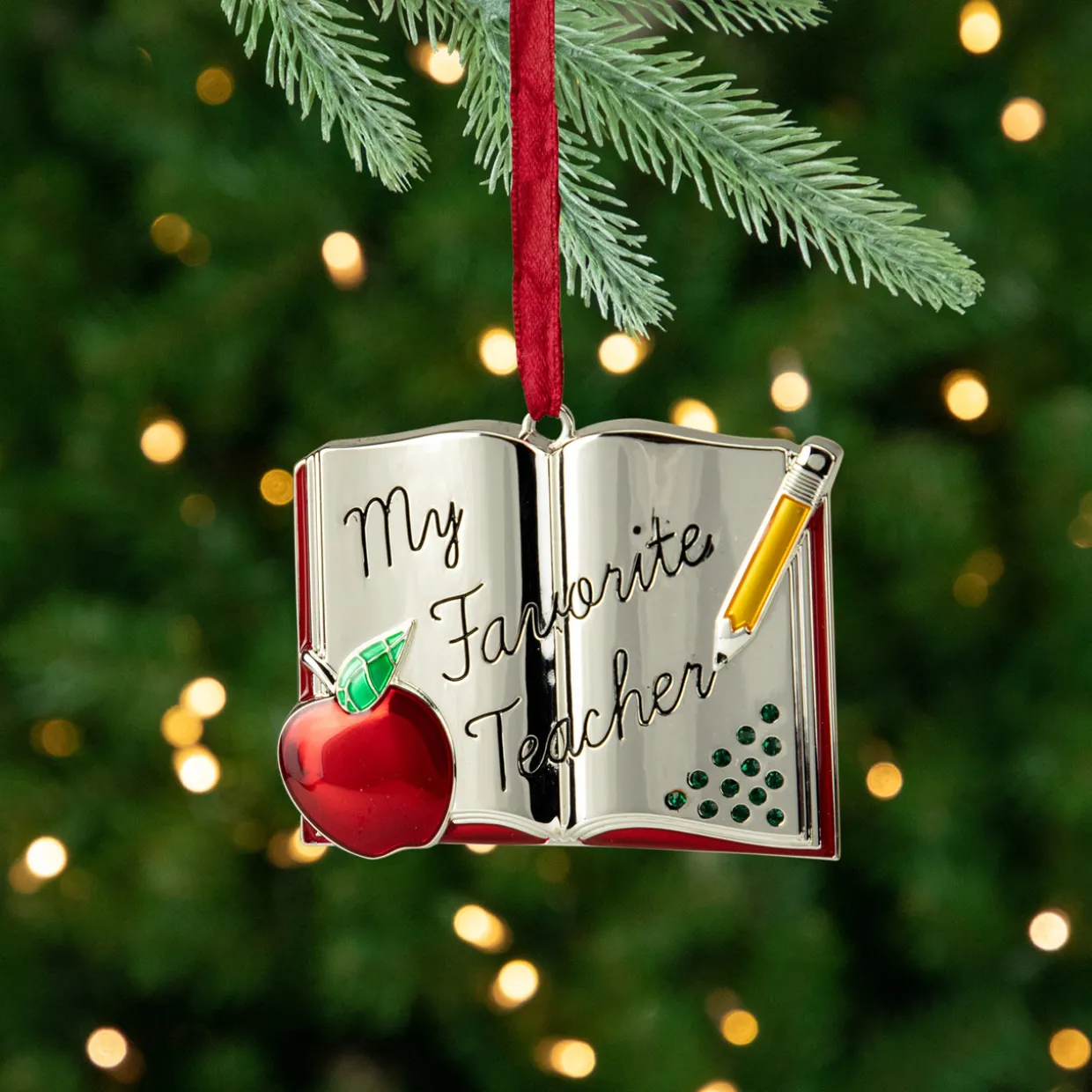 3.25" Red Silver-Plated Favorite Teacher Christmas Ornament with European Crystals