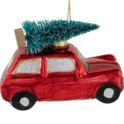 3.5" Red Station Wagon with Tree Glass Christmas Ornament