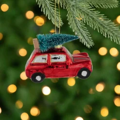 3.5" Red Station Wagon with Tree Glass Christmas Ornament