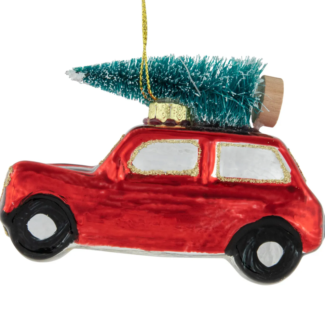 3.5" Red Station Wagon with Tree Glass Christmas Ornament