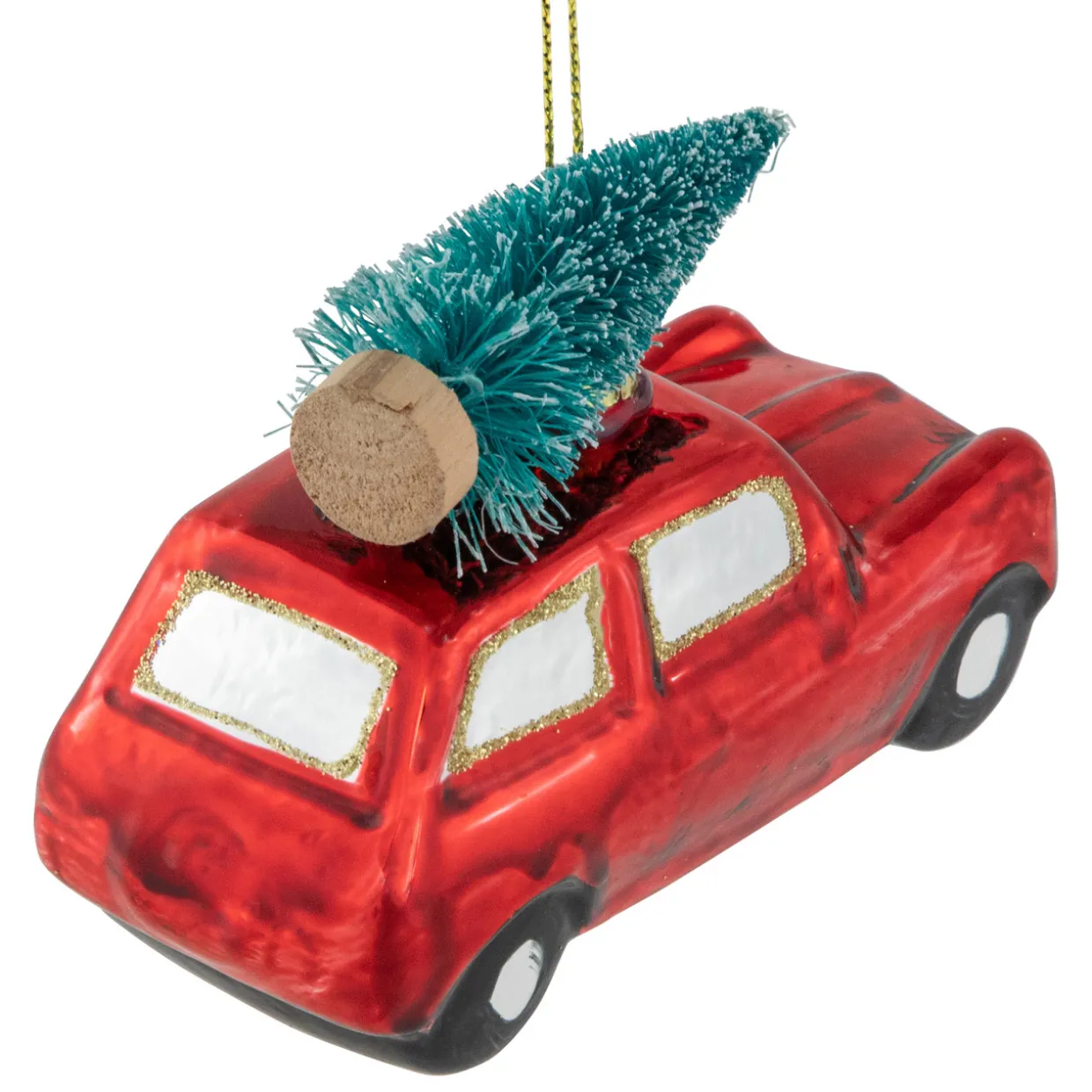 3.5" Red Station Wagon with Tree Glass Christmas Ornament