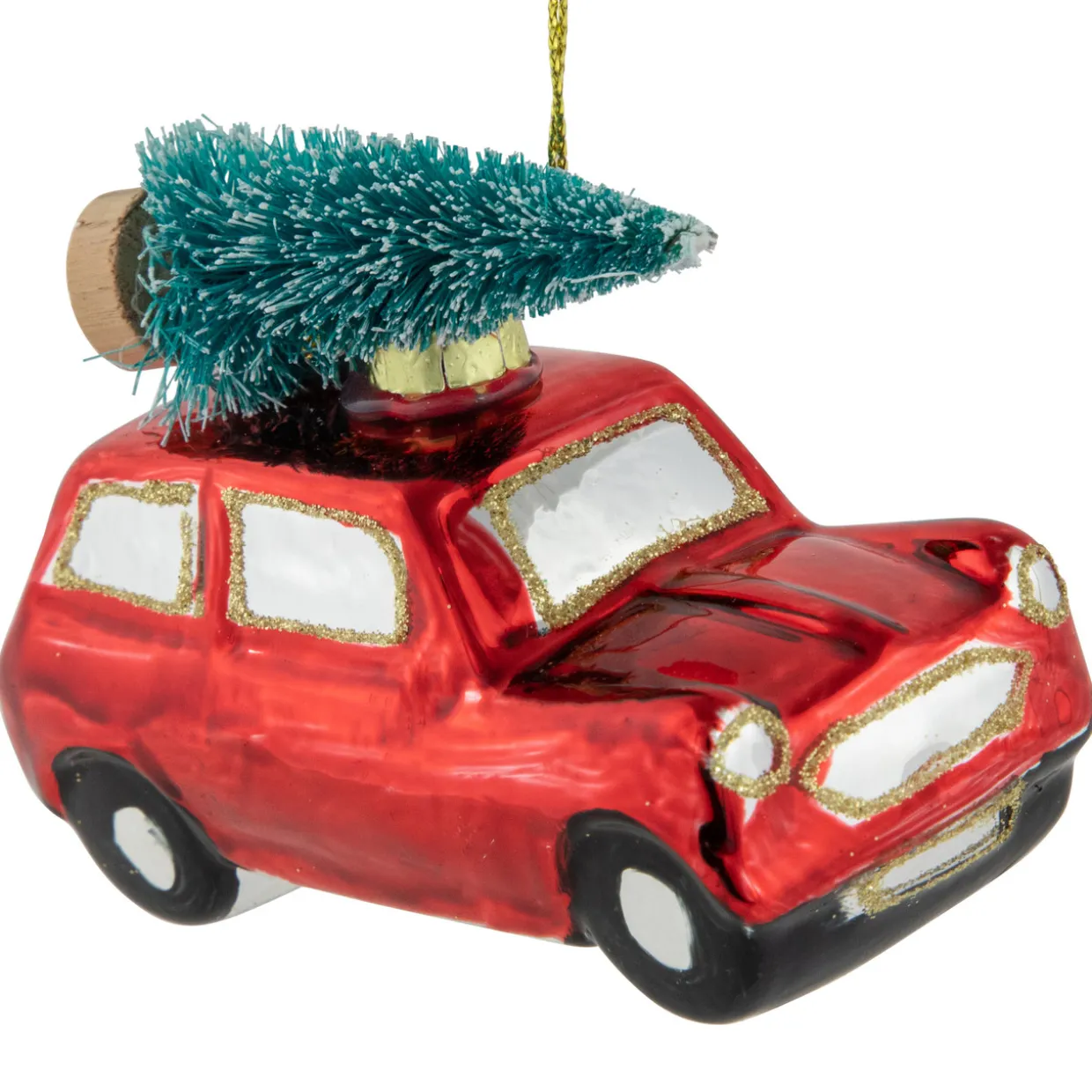 3.5" Red Station Wagon with Tree Glass Christmas Ornament