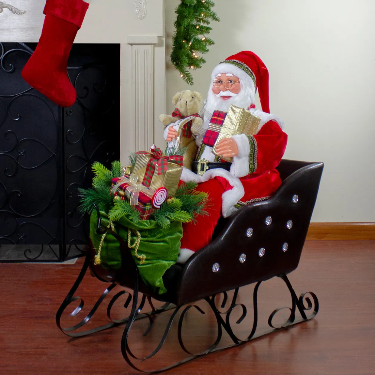 32" Red Traditional Jolly Santa Claus in Jewel Sleigh Christmas Figurine