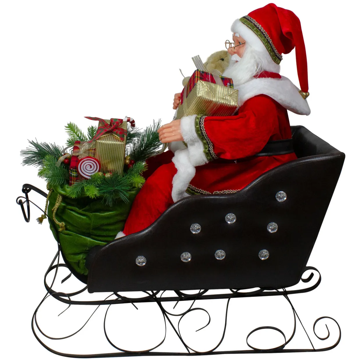 32" Red Traditional Jolly Santa Claus in Jewel Sleigh Christmas Figurine