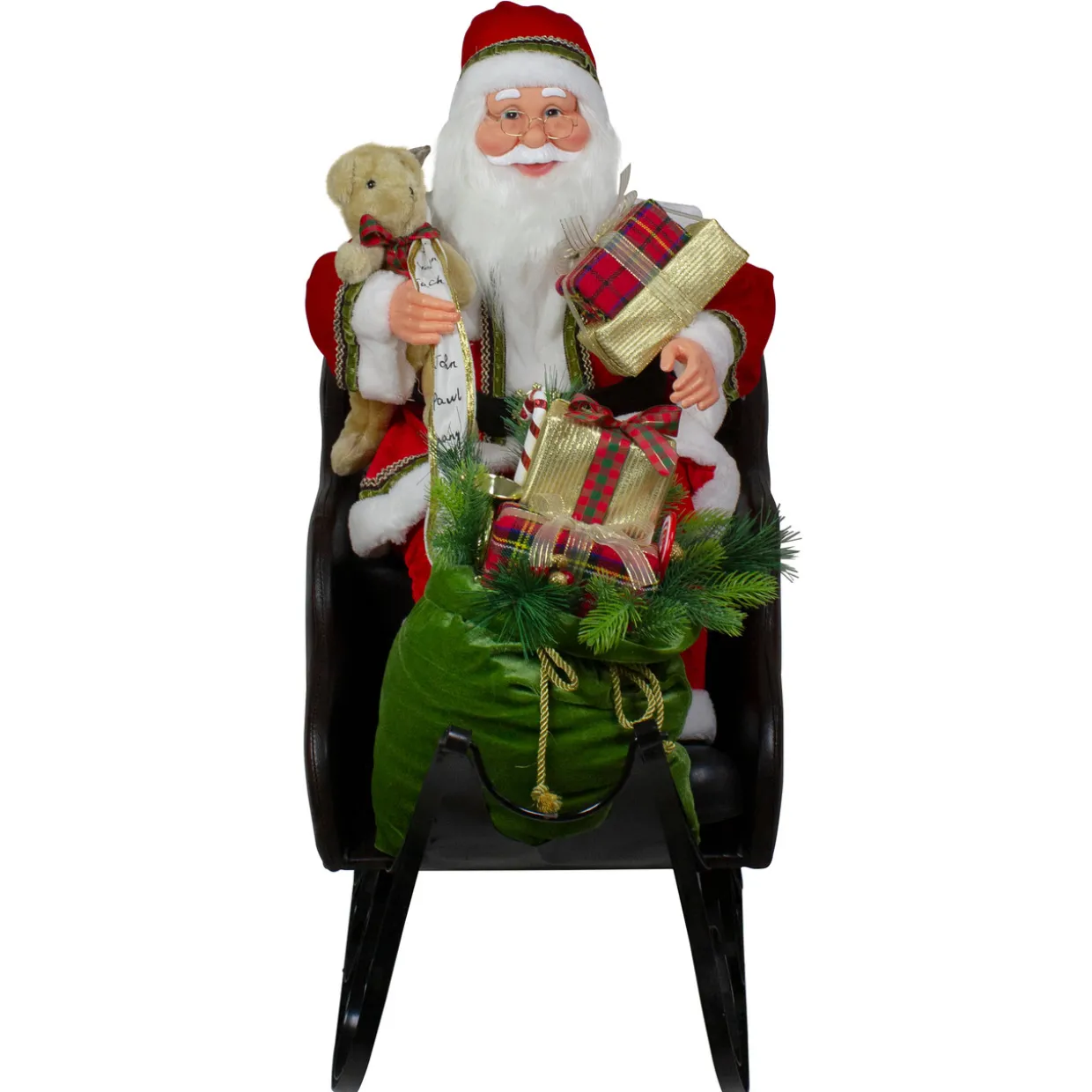 32" Red Traditional Jolly Santa Claus in Jewel Sleigh Christmas Figurine
