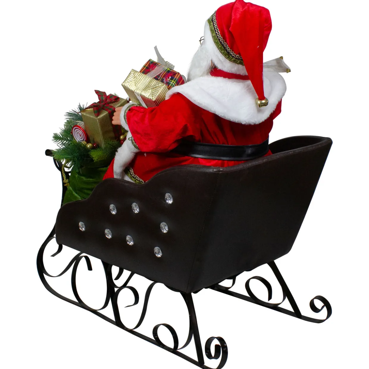 32" Red Traditional Jolly Santa Claus in Jewel Sleigh Christmas Figurine