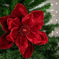 24" Red Velvet Glittered Magnolia Christmas Stem Spray