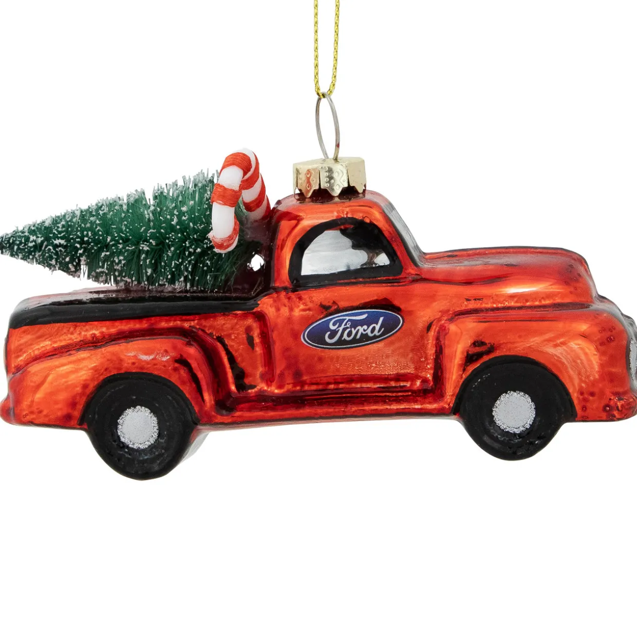 4" Red Vintage Ford Truck with Frosted Tree Glass Christmas Ornament