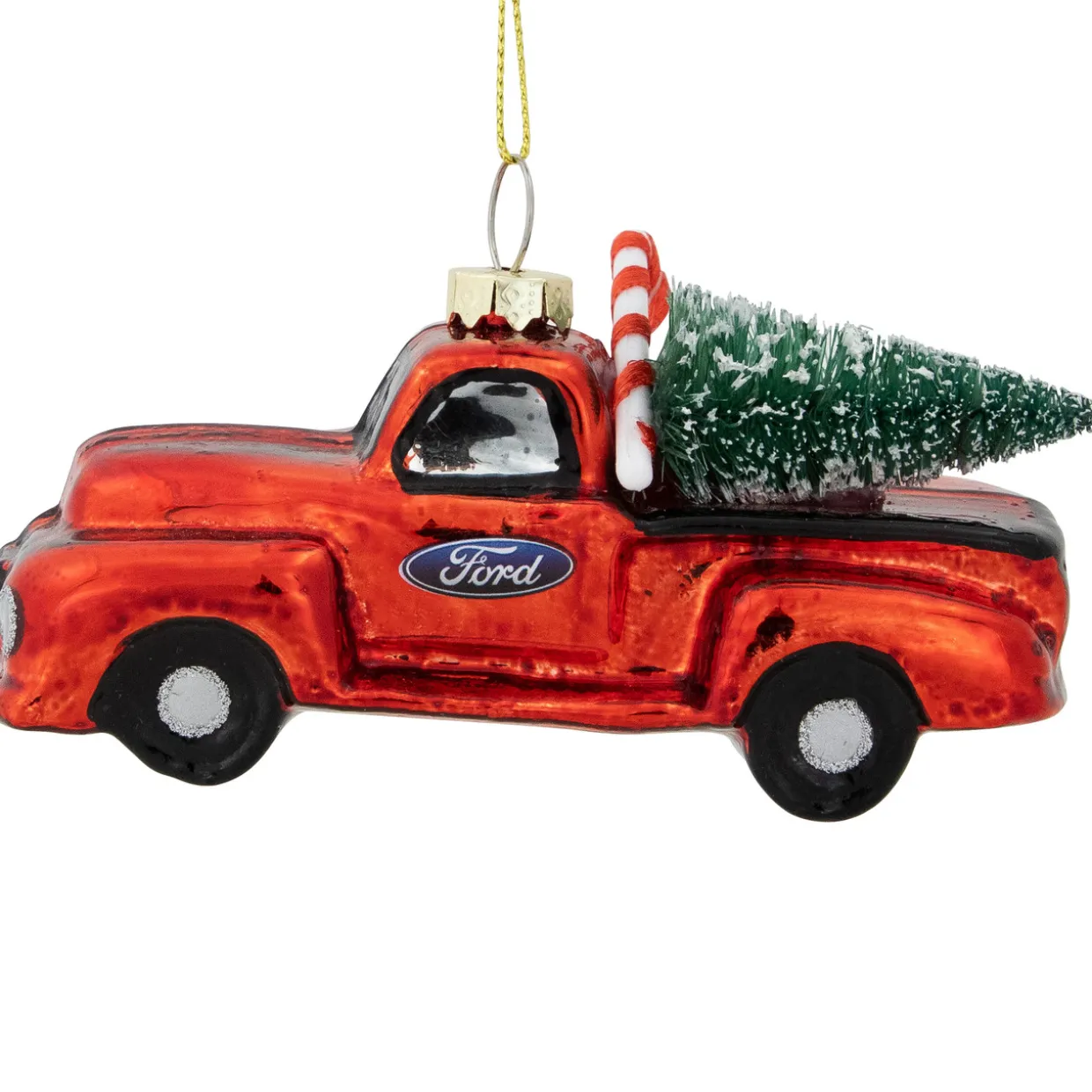 4" Red Vintage Ford Truck with Frosted Tree Glass Christmas Ornament