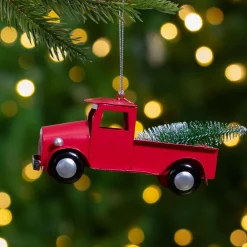 4.5" Red Vintage Style Truck with Frosted Tree Christmas Ornament