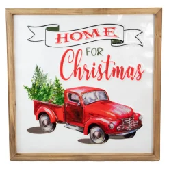 16" Red Vintage Truck With a Forest Tree "Home For Christmas" Metal With a Wooden Frame Wall Decor