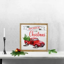 16" Red Vintage Truck With a Forest Tree "Home For Christmas" Metal With a Wooden Frame Wall Decor