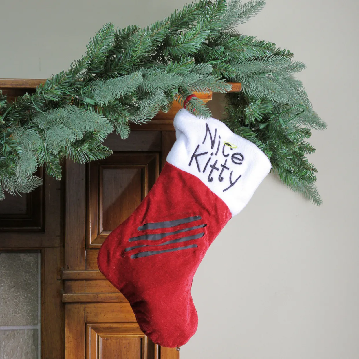 19" Red with White Angel Pet Nice Kitty Christmas Stocking