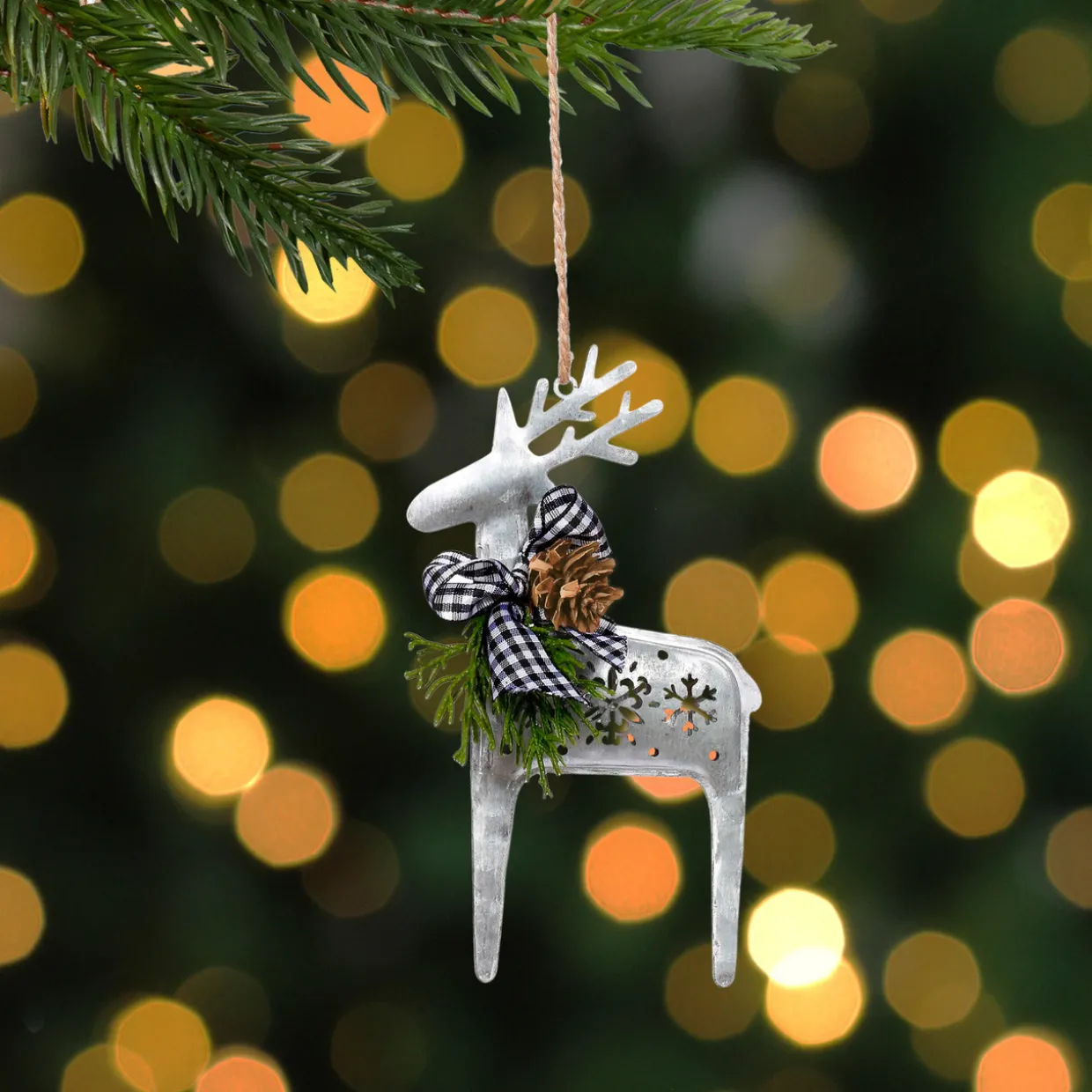 6.25" Reindeer with Black Gingham Bow Christmas Ornament