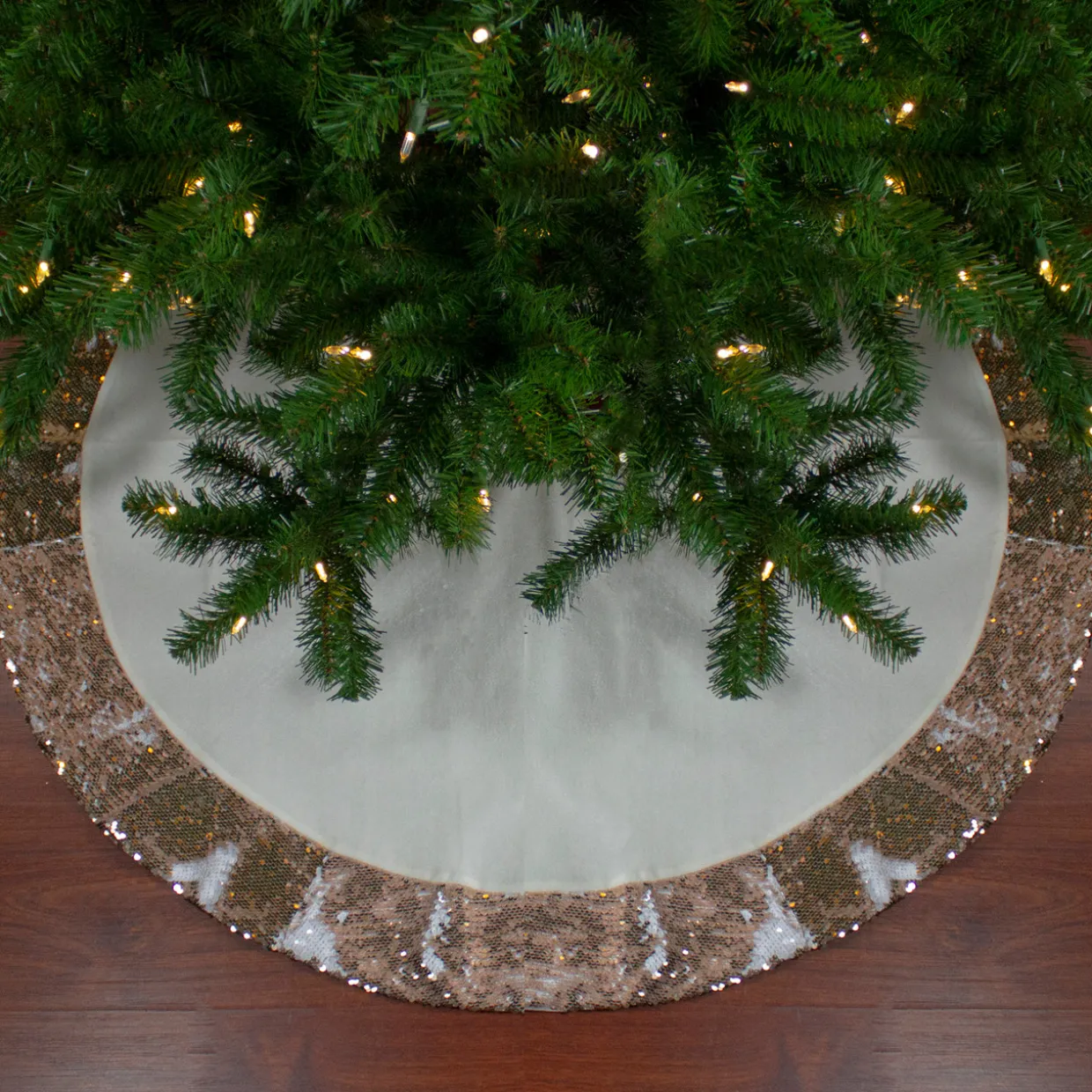 48" Rose Gold and White Reversible Sequin Trim Christmas Tree Skirt