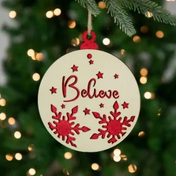 7" Round "Believe" Christmas Ornament Disc with Snowflake and Star Cutouts