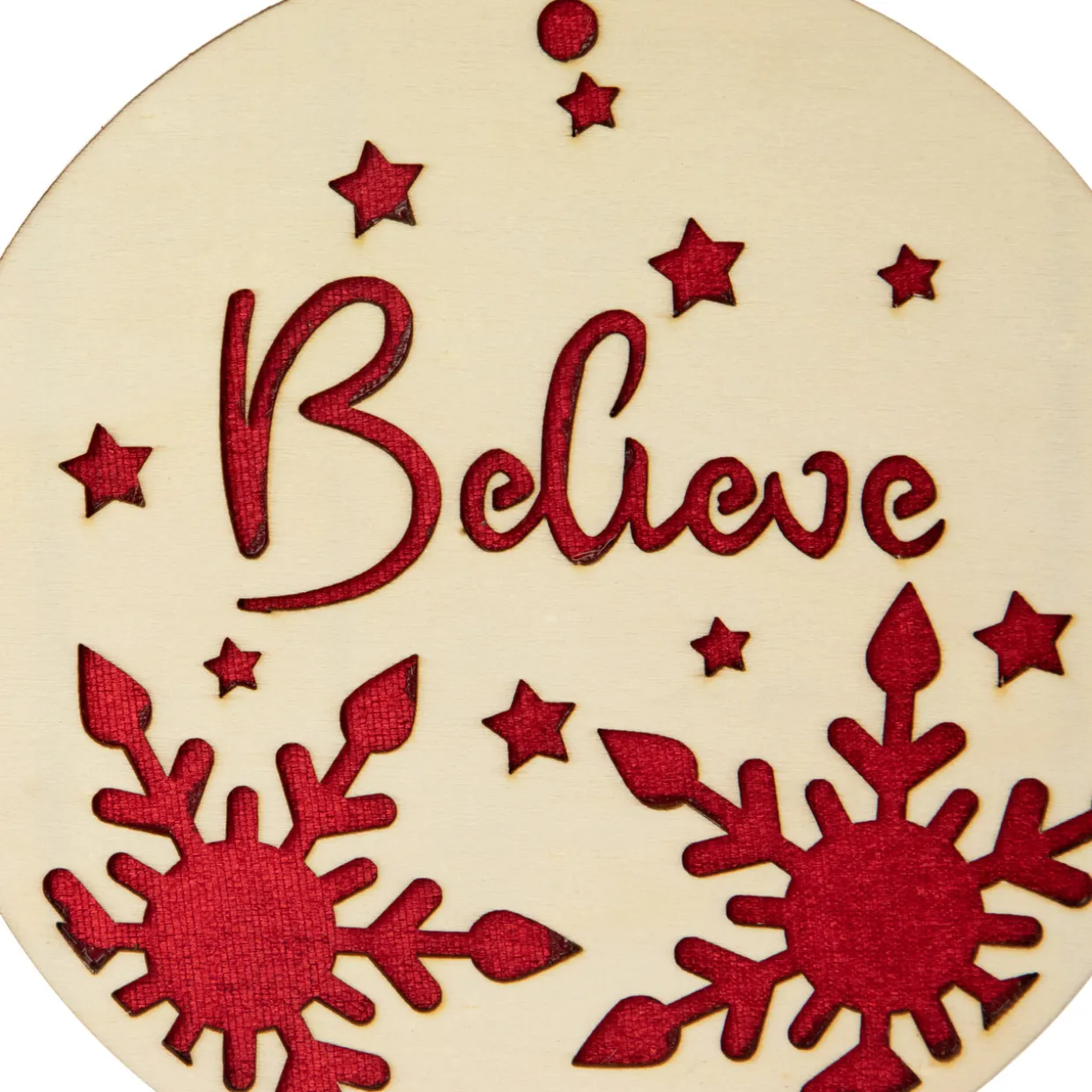 7" Round "Believe" Christmas Ornament Disc with Snowflake and Star Cutouts