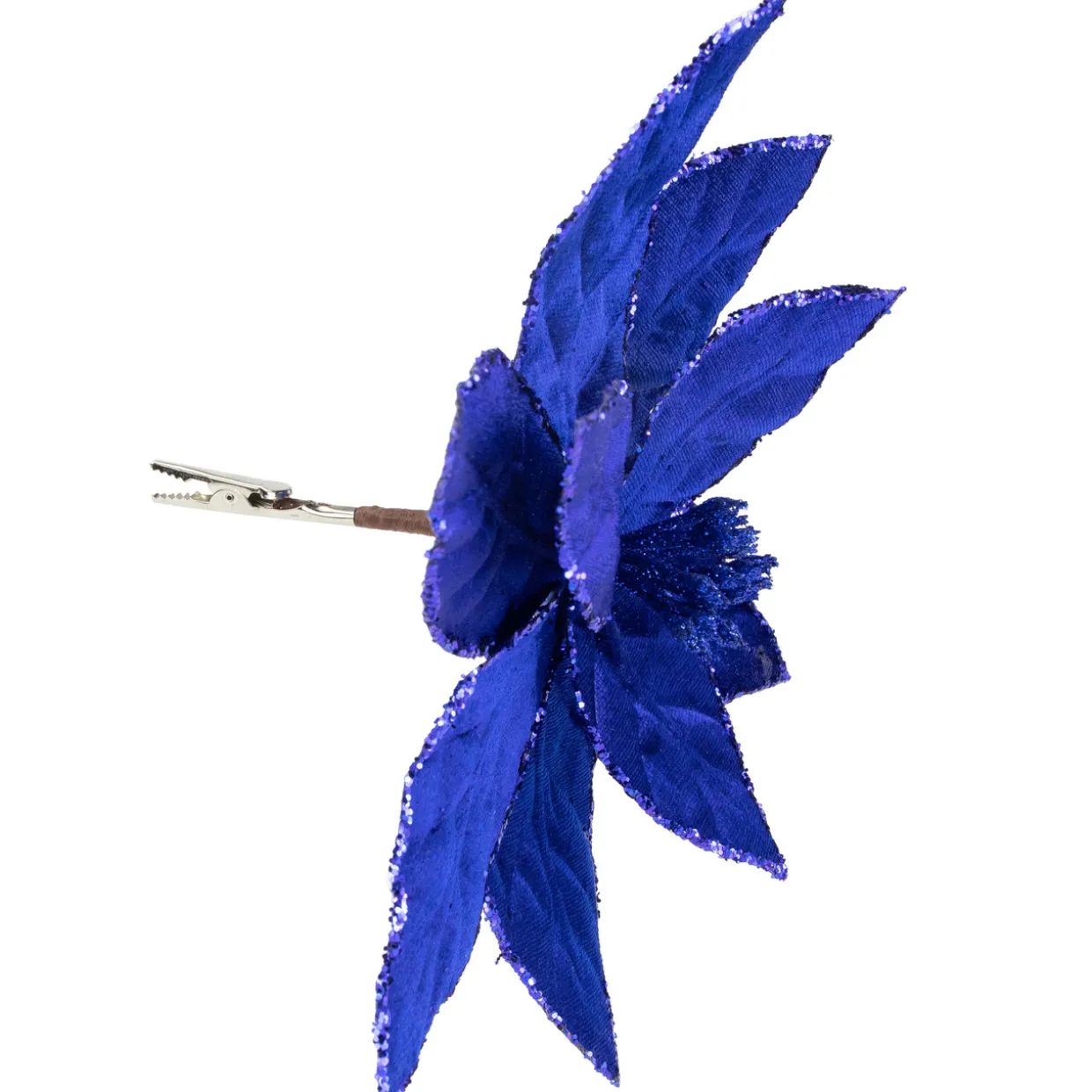 10" Royal Blue Glittered Poinsettia Christmas Floral Pick Clip-On Ornament