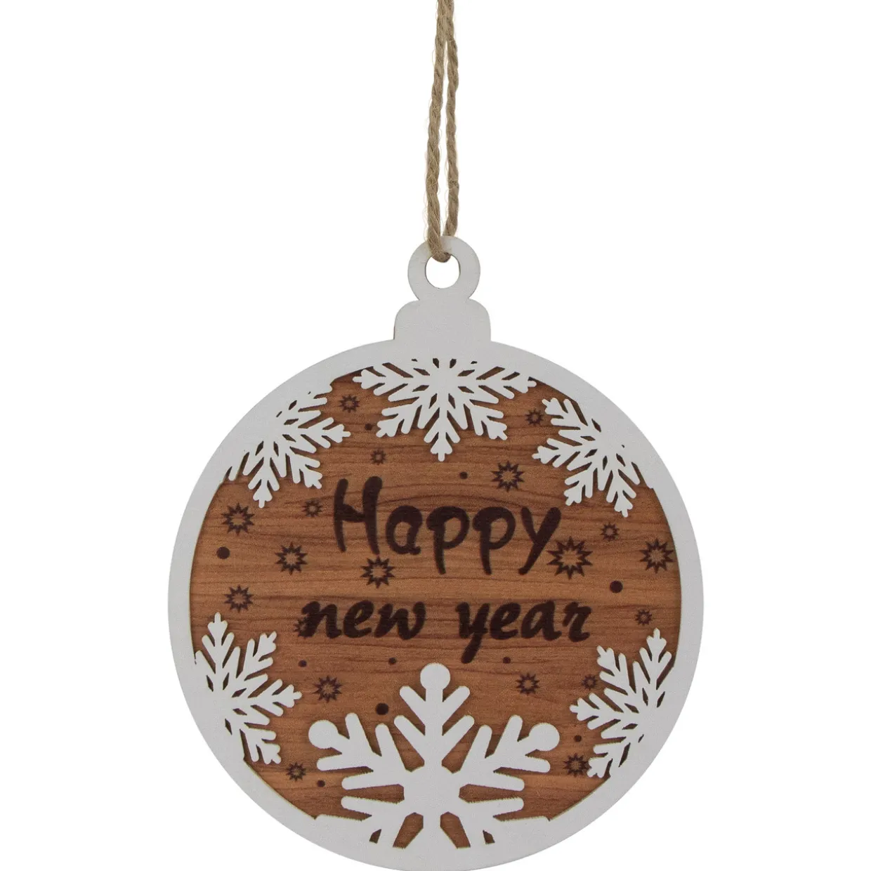 7" Rustic "Happy New Year" Snowflake Wooden Christmas Ornament Disc