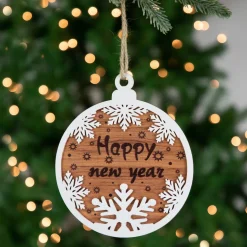 7" Rustic "Happy New Year" Snowflake Wooden Christmas Ornament Disc