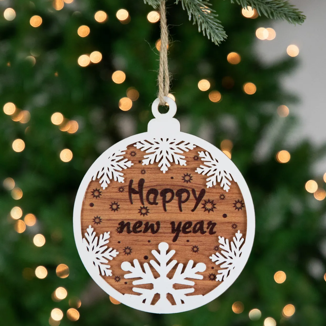 7" Rustic "Happy New Year" Snowflake Wooden Christmas Ornament Disc