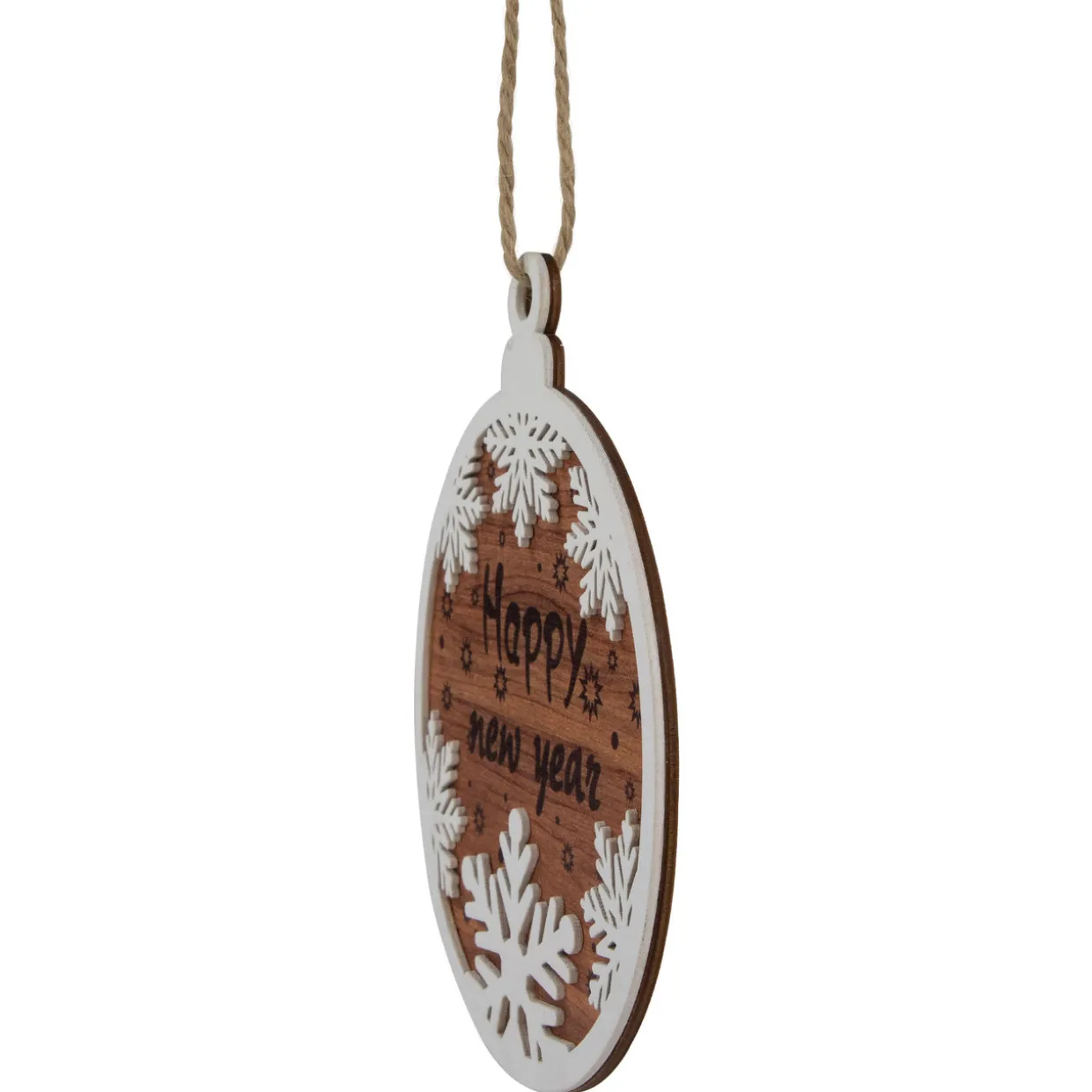 7" Rustic "Happy New Year" Snowflake Wooden Christmas Ornament Disc