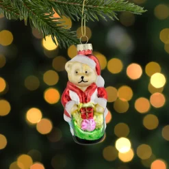 3.25" Santa Bear with Gift Bag Glass Christmas Ornament