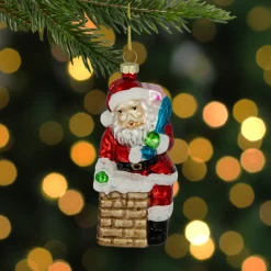 4.75" Santa Down the Chimney Hanging Glass Christmas Hanging Ornament