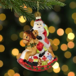 4.75" Santa on a Rocking Horse Glittered Glass Christmas Ornament