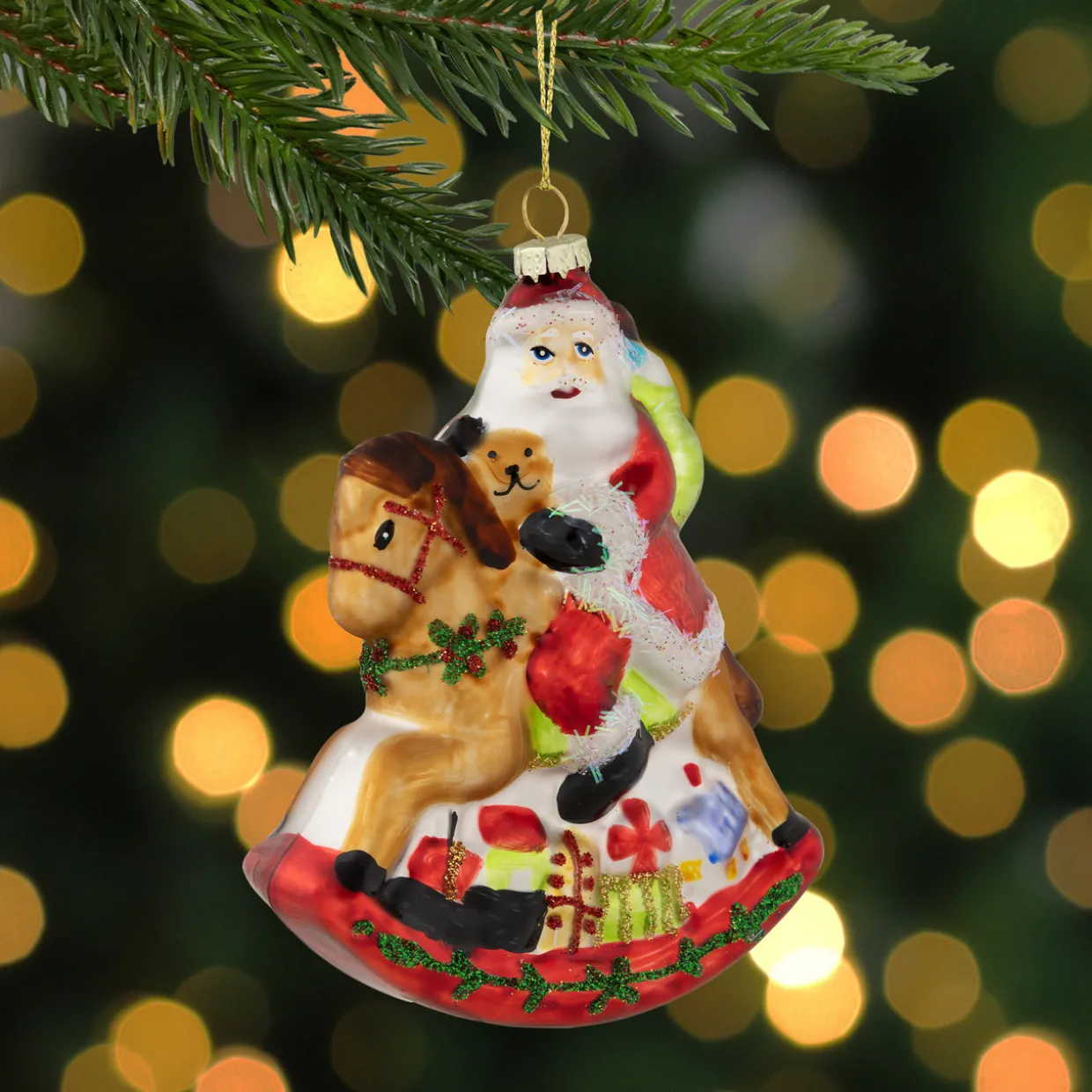 4.75" Santa on a Rocking Horse Glittered Glass Christmas Ornament