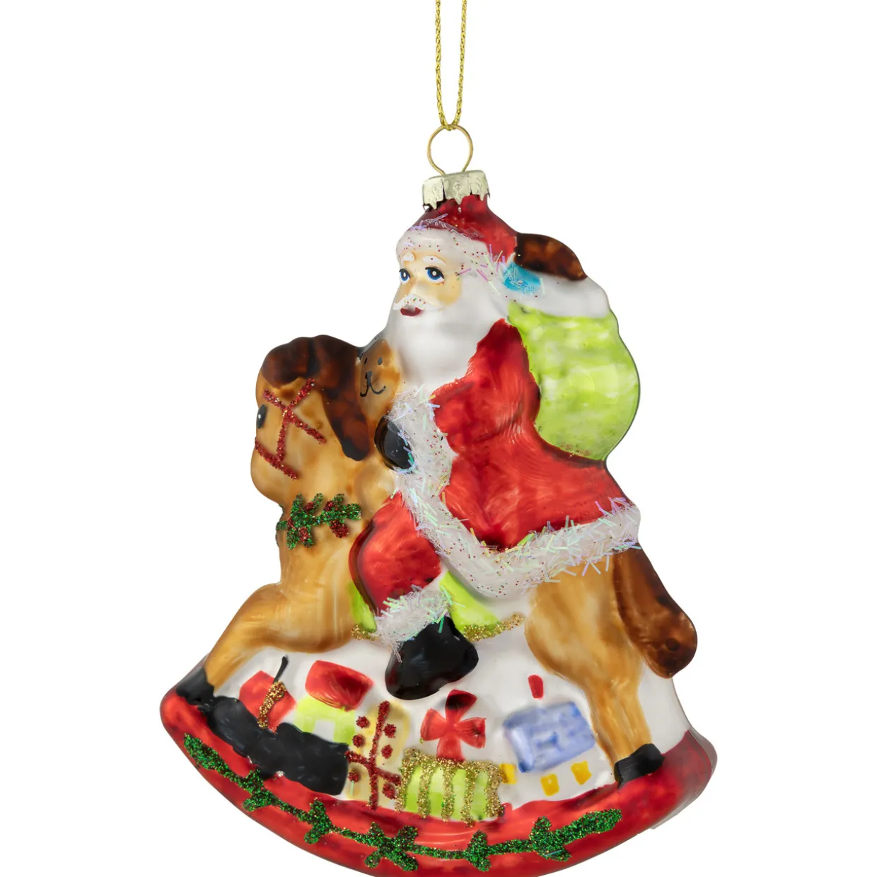 4.75" Santa on a Rocking Horse Glittered Glass Christmas Ornament