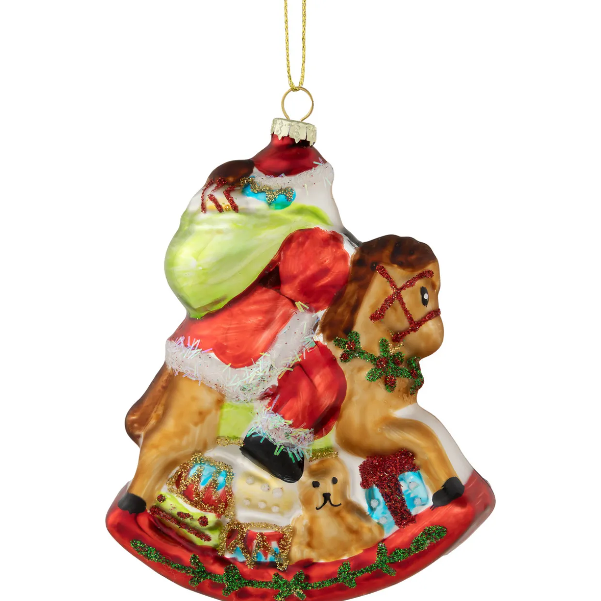 4.75" Santa on a Rocking Horse Glittered Glass Christmas Ornament