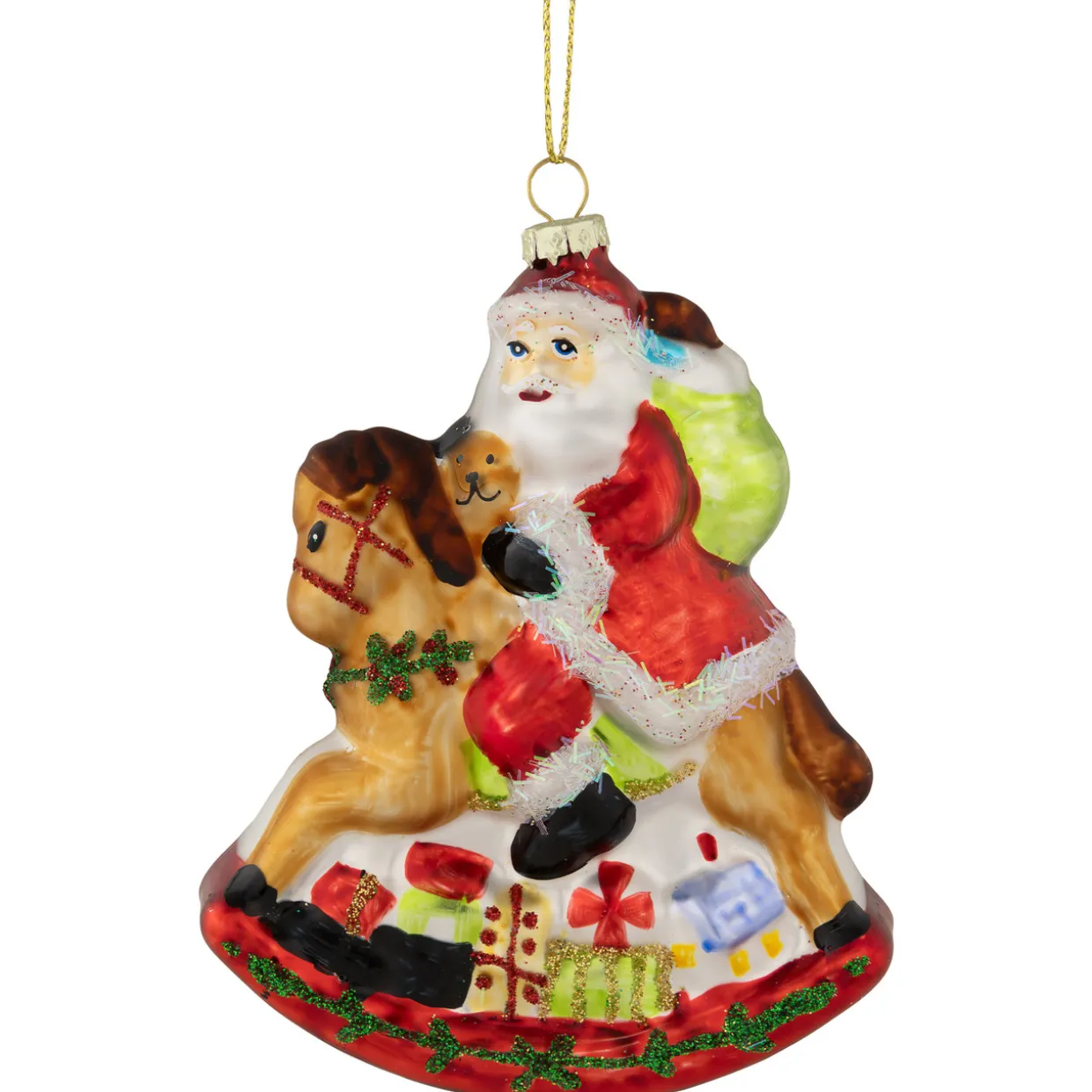 4.75" Santa on a Rocking Horse Glittered Glass Christmas Ornament
