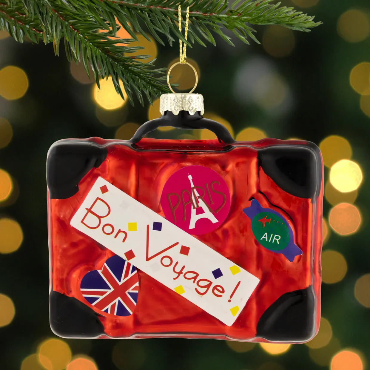 3.25" Shiny Red Bon Voyage Travel Suitcase Glass Christmas Hanging Ornament