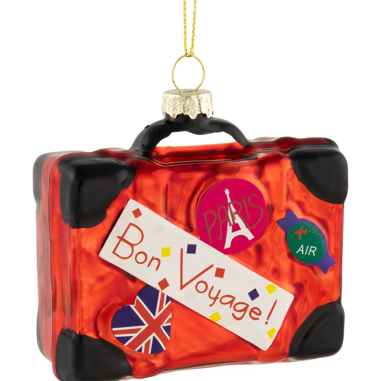 3.25" Shiny Red Bon Voyage Travel Suitcase Glass Christmas Hanging Ornament