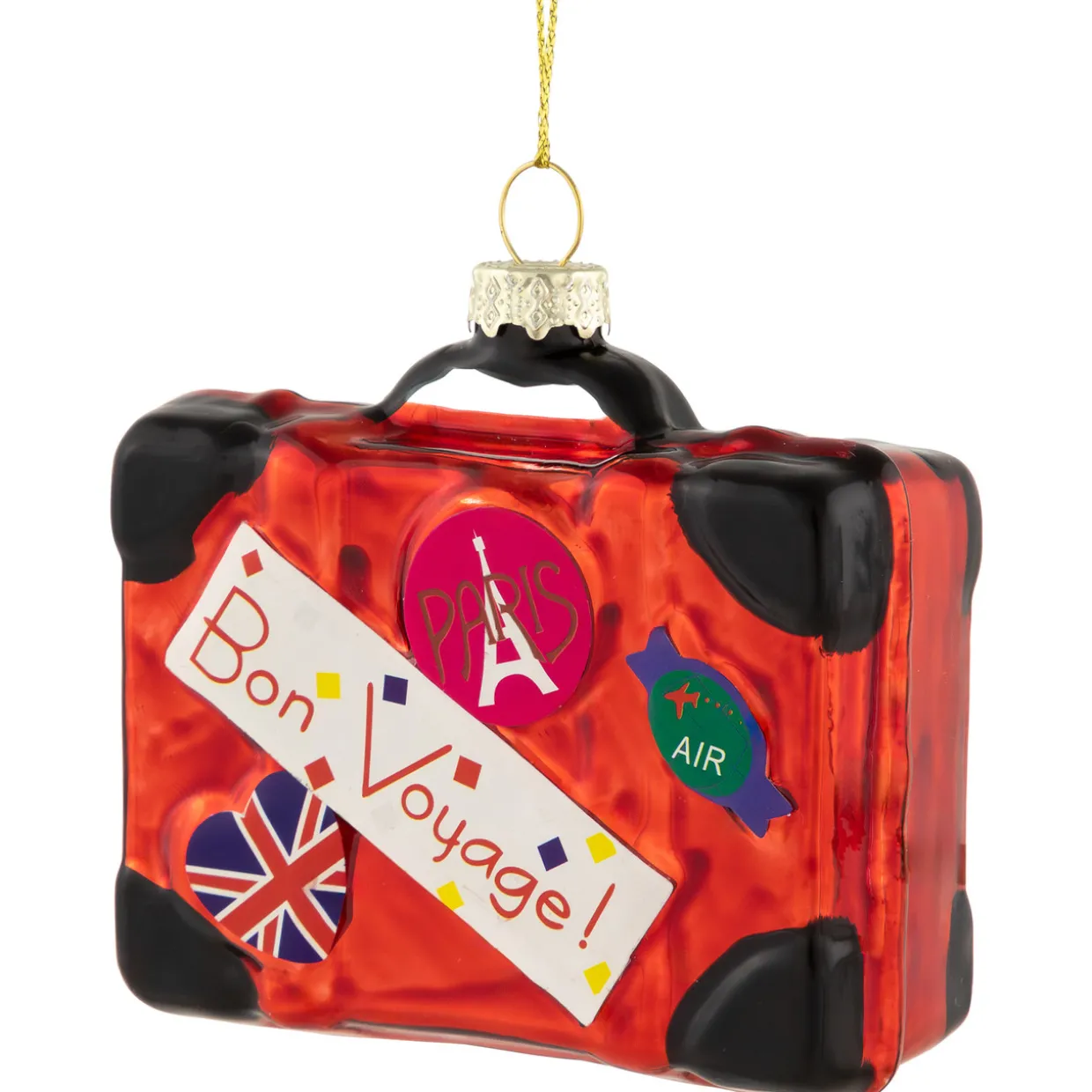 3.25" Shiny Red Bon Voyage Travel Suitcase Glass Christmas Hanging Ornament