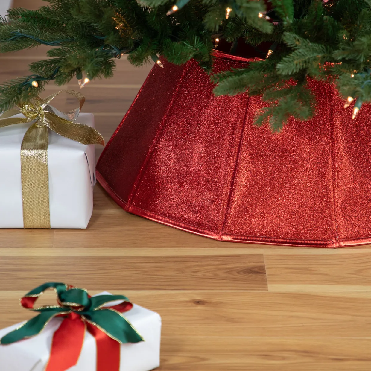 26.75" Shiny Red Fabric Hexagonal Christmas Tree Collar