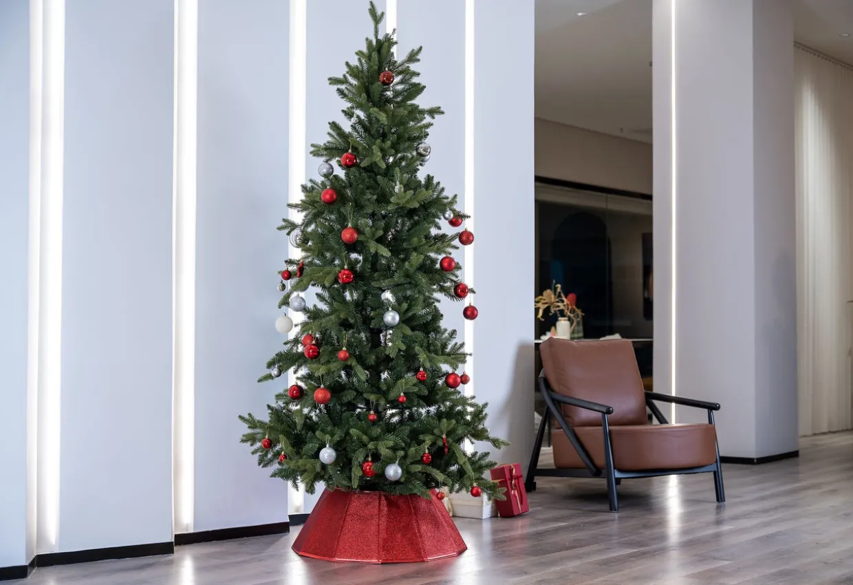 26.75" Shiny Red Fabric Hexagonal Christmas Tree Collar