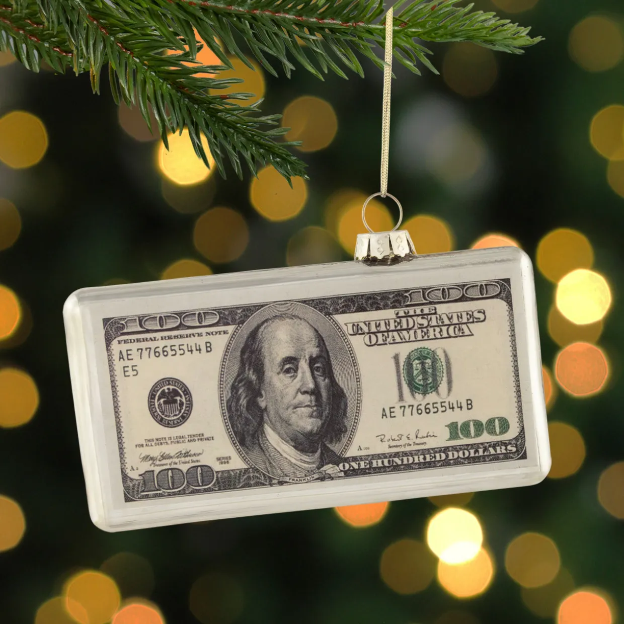 4.5" Silver 100 Dollar Bill Glass Christmas Ornament