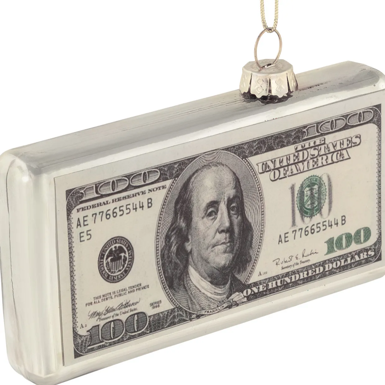 4.5" Silver 100 Dollar Bill Glass Christmas Ornament
