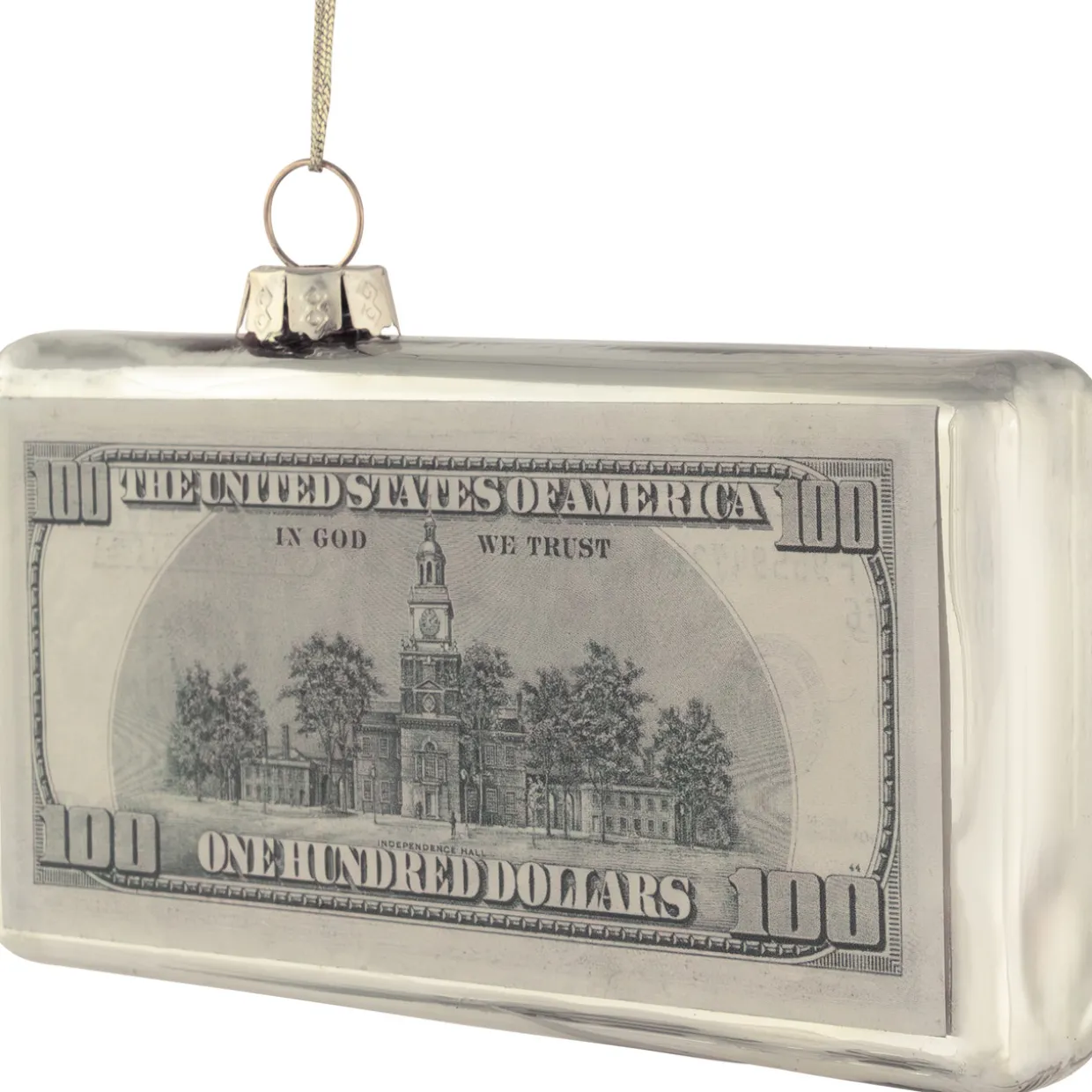 4.5" Silver 100 Dollar Bill Glass Christmas Ornament