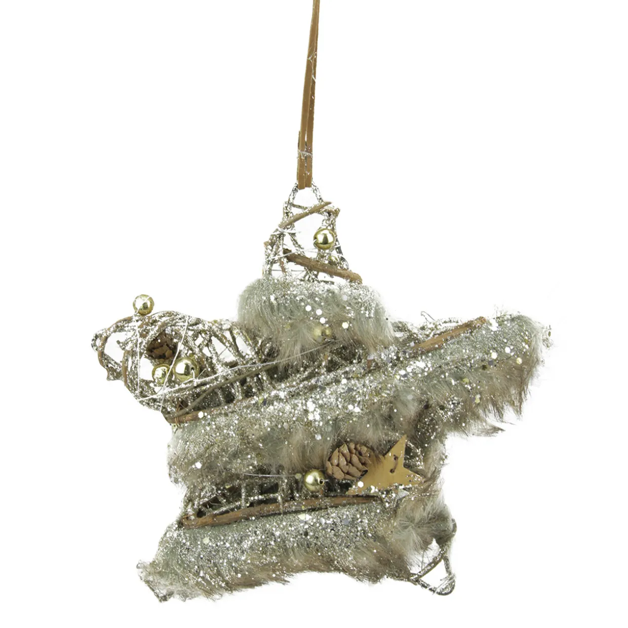 8.5" Silver and Brown Rustic Trim Glittered Star Christmas Ornament