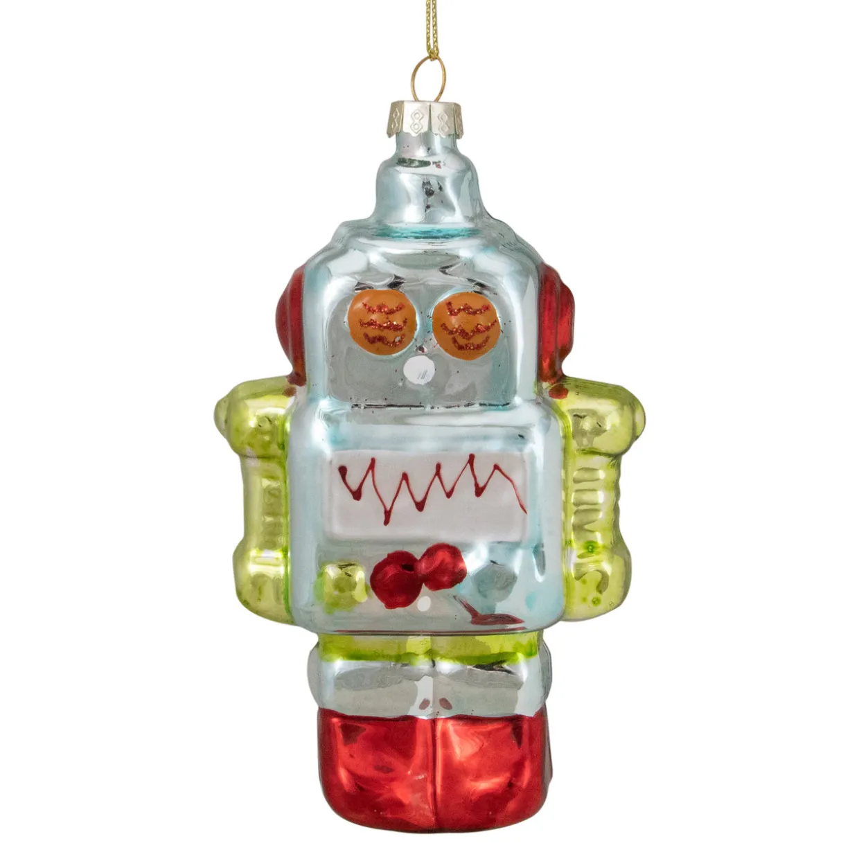 5" Silver and Green Robot Hanging Glass Christmas Ornament