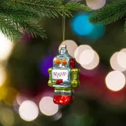5" Silver and Green Robot Hanging Glass Christmas Ornament