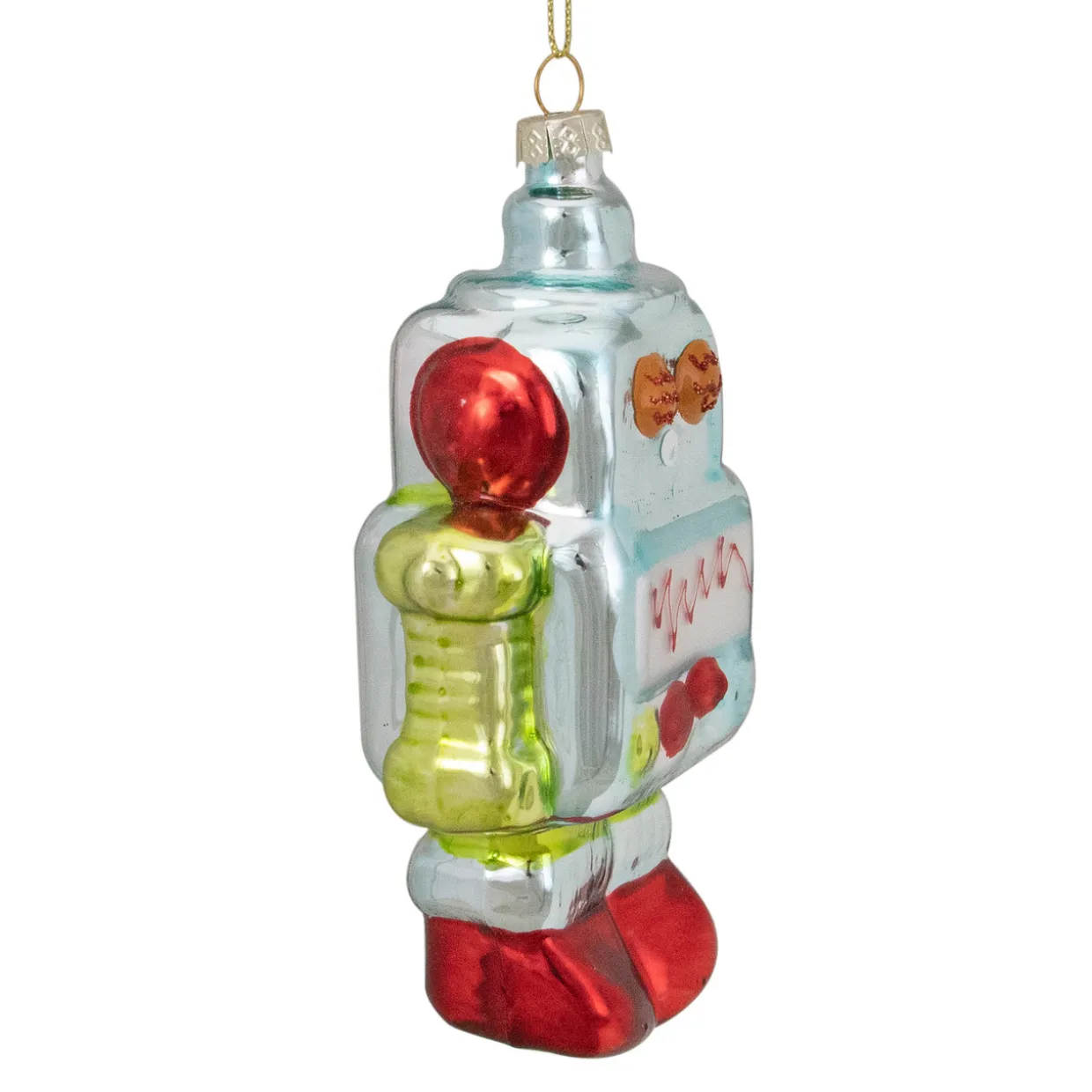 5" Silver and Green Robot Hanging Glass Christmas Ornament