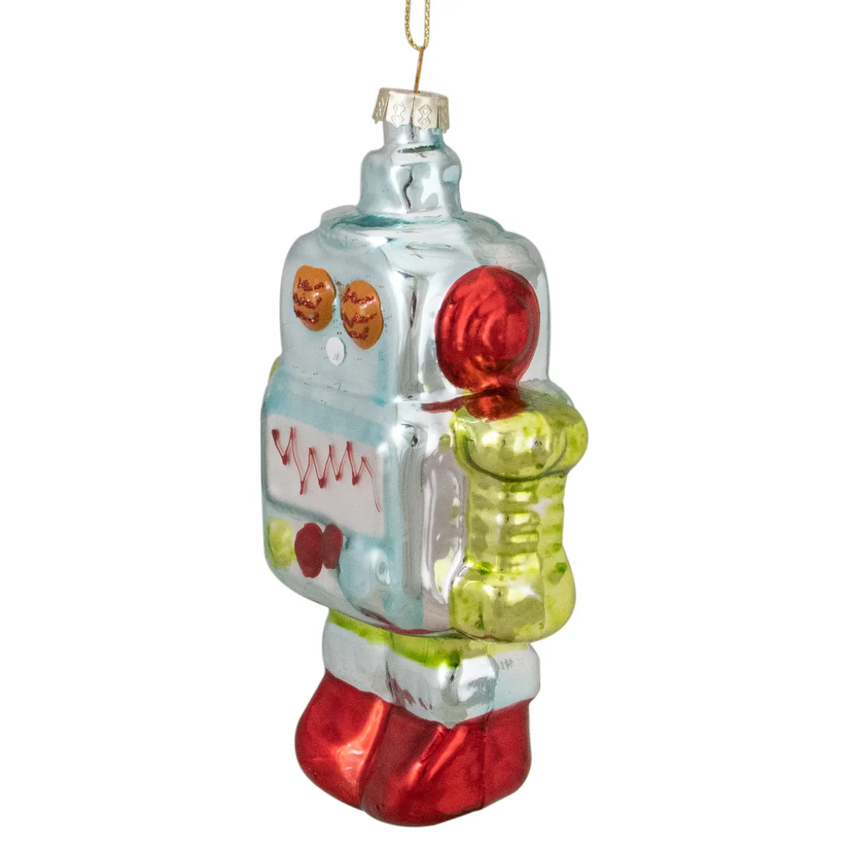 5" Silver and Green Robot Hanging Glass Christmas Ornament