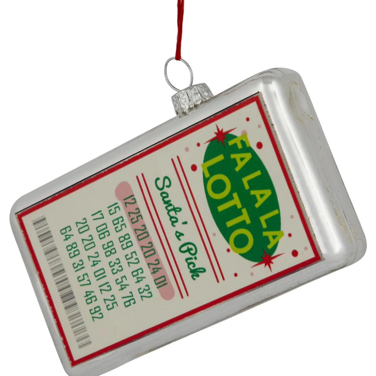4.25" Silver "Fa La La Lotto Santa's Pick" Glass Christmas Hanging Ornament