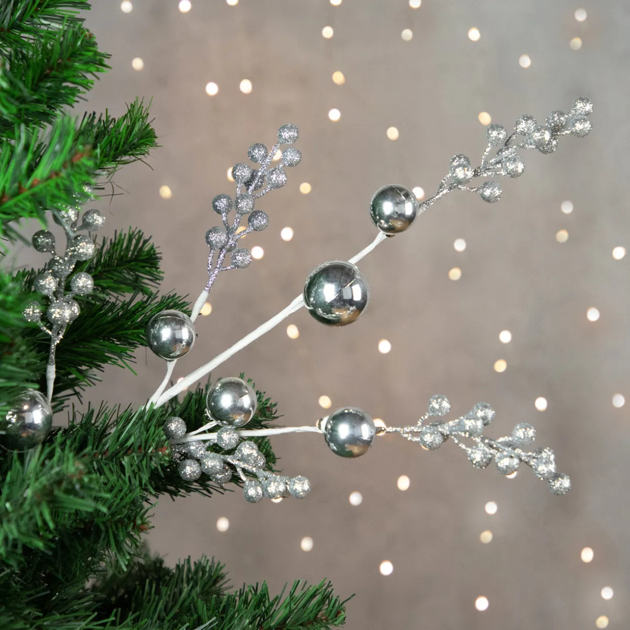 29" Silver Glitter Berries with Ornaments Christmas Spray